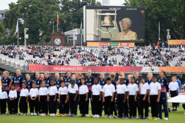 The big screen at Lord's shows the 106-year-old Eileen Ash ringing the pavilion bell ahead of the 2017 Women's World Cup final
