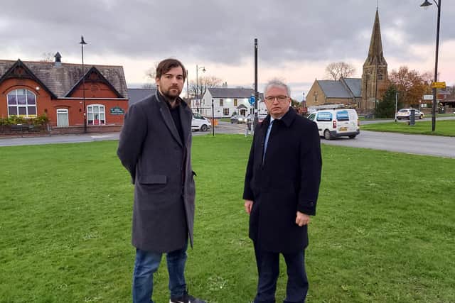 Lancashire County Council's highways portfolio holder County Coun Charlie Edwards with Fylde MP Mark Menzies at the area of particular concern in Wrea Green
