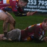 Scott Rawlings celebrates his try in Fylde's victory over Stourbridge