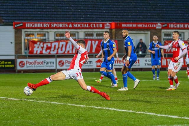 Harrison Biggins scores Fleetwood Town's first goal Picture: Sam Fielding/PRiME Media Images Limited