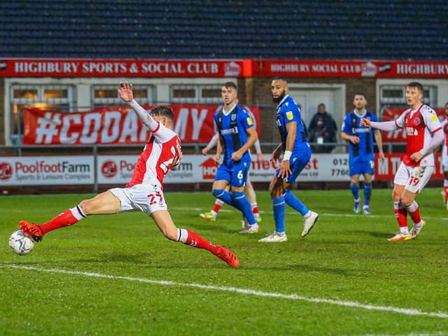 Harrison Biggins scores Fleetwood Town's first goal Picture: Sam Fielding/PRiME Media Images Limited