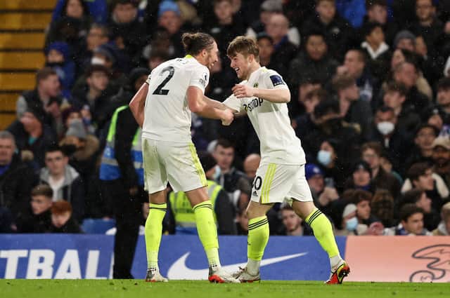 Leeds United's Joe Gelhardt and Luke Ayling in action at Stamford Bridge. Pic: Getty