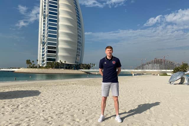 Fleetwood Town's Brad Halliday in Dubai at the launch of Fleetwood United