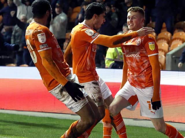 Sonny Carey celebrates scoring for Blackpool last weekend