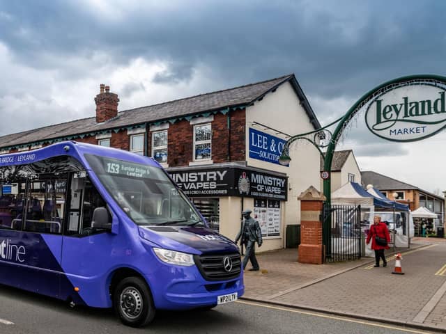 A Transdev ‘Little Hotline’ bus at Leyland Market. North-West bus operator Transdev is offering a flat £1 fare on on any journey on its buses across Lancashire and Greater Manchester this Boxing Day.