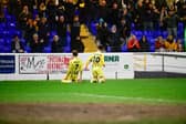 AFC Fylde scorers Ben Tollitt (left) and Nick Haughton celebrate in front of the fans at Chester   Picture: STEVE MCLELLAN