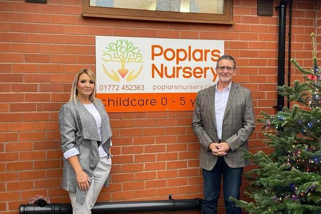 Poplars Nursery Manager Hayley Hinton welcomes Andre Fallows, Thrive’s Operations Director, to the nursery.