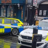 Police said the woman, aged in her 50s, has suffered pelvis, spine, and neck injuries after being struck by a taxi outside Home Bargains in Talbot Road, Blackpool yesterday lunchtime. Pic: Tequila Jack Rose