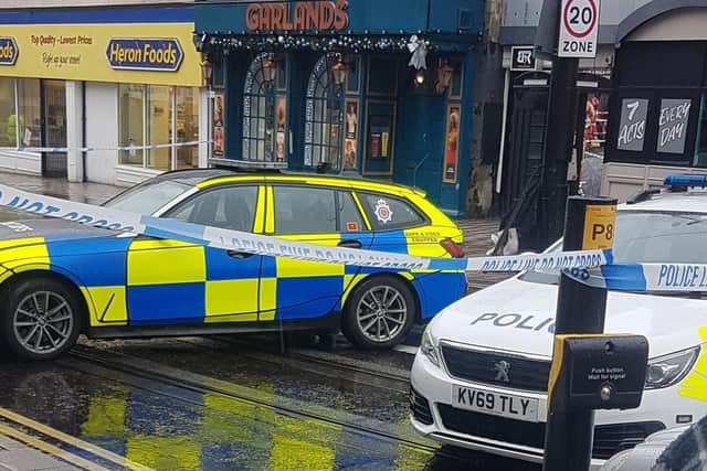 Police said the woman, aged in her 50s, has suffered pelvis, spine, and neck injuries after being struck by a taxi outside Home Bargains in Talbot Road, Blackpool yesterday lunchtime. Pic: Tequila Jack Rose