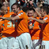 Blackpool celebrate Stephen Dobbie's goal against Burnley
