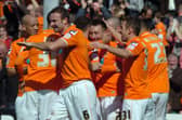 Blackpool celebrate Stephen Dobbie's goal against Burnley