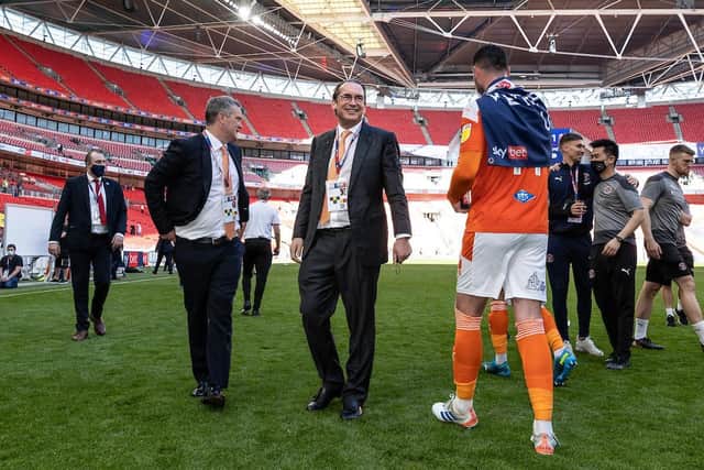Sadler celebrating Blackpool's memorable play-off win on the Wembley turf back in May