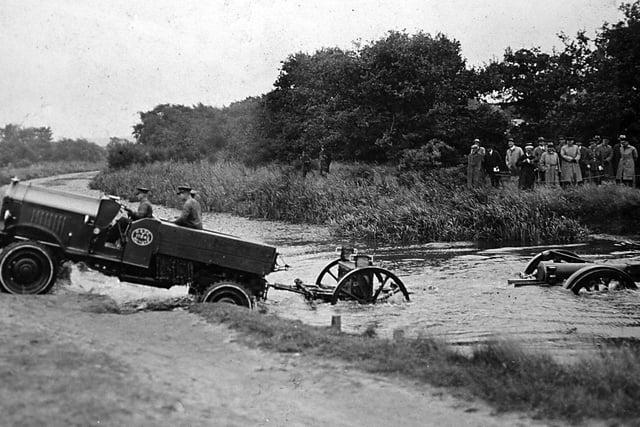 A British howitzer gun being pulled across Portsmouth Canal in Milton in the 1920s