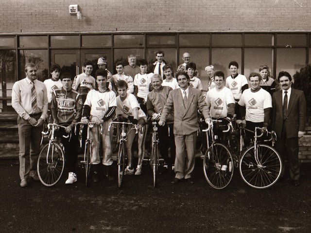 A group of young cyclists at the Springtown Training Centre during a stopover on their maracycle around the Six Counties. They were welcomed at the centre by Radio Foyle’s Gerry Anderson.