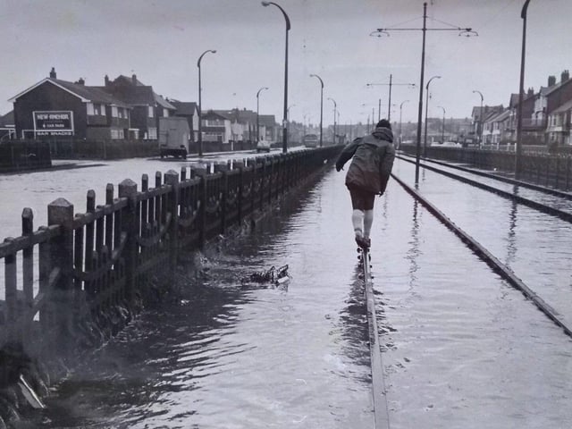 Flooding on the tram tracks towards Cleveleys