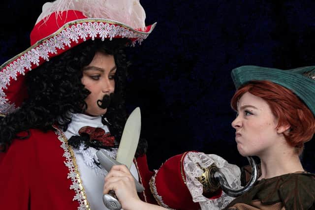 Nancy Holyhead (Captain Hook) with Evie Ashton (Peter Pan) in the BIDCA production of Peter Pan.