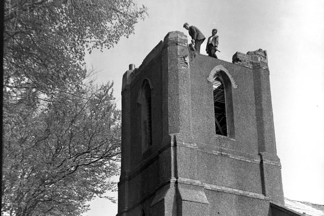 Demolition of the bell tower at Thornton Parish Church in 1960