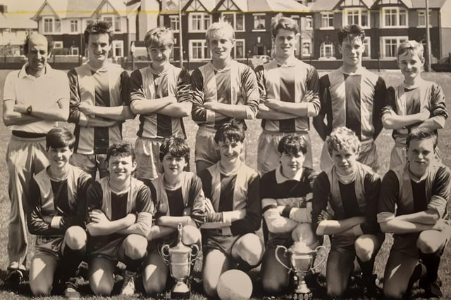 The under 15s football team won the Jim Tolson Cup, defeating Morecambe High School in the final, 1988. Pictured are: Team manager Paul Fenwick, Stephen Birks, Simon Longrigg, Jamie Bell, Phillip Bee, Paul Towne, Neal Ellis. Front row: Andrew Cooper, Lee Preston, Lee Parkinson, Paul Simey, Chris Prescott, Wayne Sharpe and Marc Atkinson