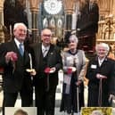 Maundy Money recipient Tom Pilkington (far left) pictured at Durham Cathedral after receiving their honour, with (left to right) John East, Barbara Wilkinson and Elizabeth Smith. Also at the Cathedral but not on this picture were (inset left) Marjorie Odor and (inset right) Keith Thompson.