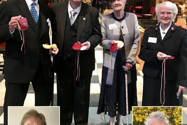 Maundy Money recipient Tom Pilkington (far left) pictured at Durham Cathedral after receiving their honour, with (left to right) John East, Barbara Wilkinson and Elizabeth Smith. Also at the Cathedral but not on this picture were (inset left) Marjorie Odor and (inset right) Keith Thompson.