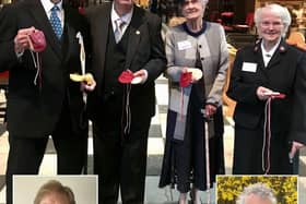 Maundy Money recipient Tom Pilkington (far left) pictured at Durham Cathedral after receiving their honour, with (left to right) John East, Barbara Wilkinson and Elizabeth Smith. Also at the Cathedral but not on this picture were (inset left) Marjorie Odor and (inset right) Keith Thompson.