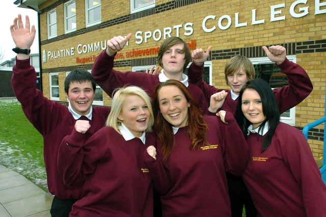 At Palatine High School are back from left, Wayne Hall, Chris Hylands and Ben Hornby. Front, from left, Hayley Knott, Lauren McDonald and Michelle Carr. They were celebrating GCSE success
