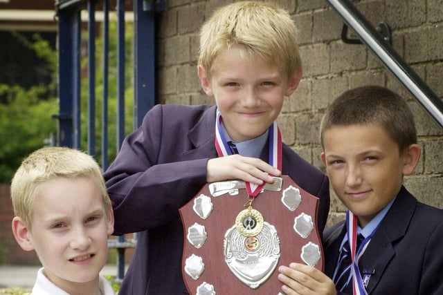 Year 7 pupils from Collegiate High School who won the Blackpool Council Maths challenge in 2002. Back L-R Matthew Hardy, Ryan Snape and Jaymie Kelshaw with Holly Edwards at the front