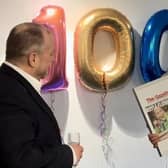 Steve Royle with Adam Knight, CEO of Blackpool Grand Theatre celebrating his 1000 pantomimes milestone
