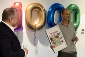 Steve Royle with Adam Knight, CEO of Blackpool Grand Theatre celebrating his 1000 pantomimes milestone