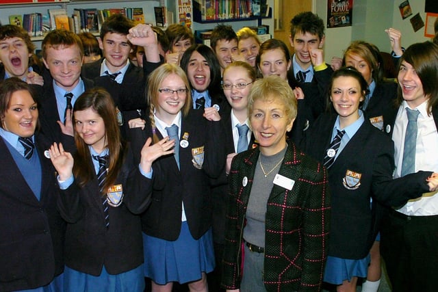 Headteacher Gill Fennel with happy pupils at Collegiate High School, Blackpool celebrating results