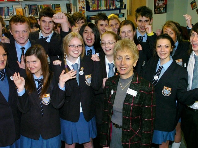 Headteacher Gill Fennel with happy pupils at Collegiate High School, Blackpool celebrating results