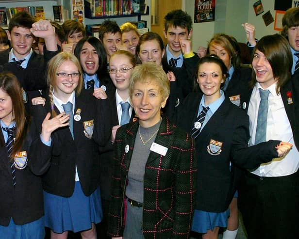 Headteacher Gill Fennel with happy pupils at Collegiate High School, Blackpool celebrating results