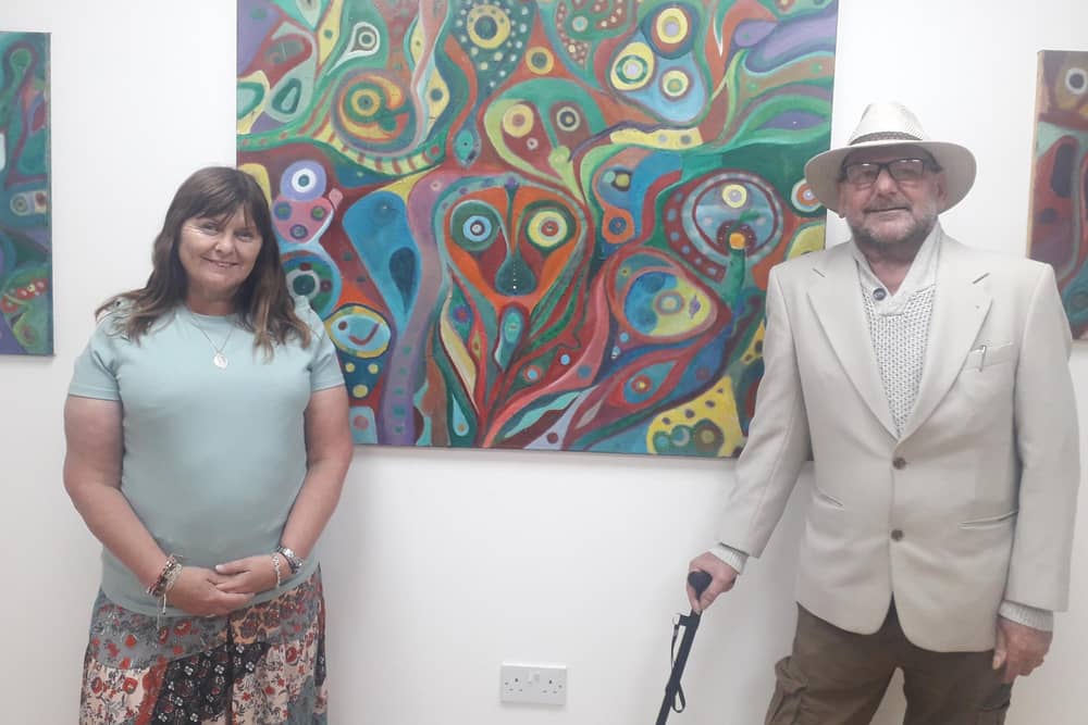 Carolyn Sillis with Phil Walters with Phil's exhibition at Fleetwood Market