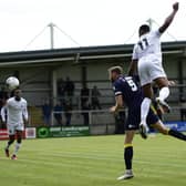 AFC Fylde's Gold Omotayo scores their second goal against Altrincham on Monday Picture: Steve McLellan