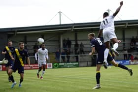 AFC Fylde's Gold Omotayo scores their second goal against Altrincham on Monday Picture: Steve McLellan