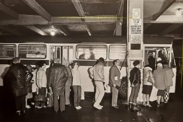 The caption on the back of this picture from June 1986 says 'Dark and dismal - boarding at Talbot Road bus station'