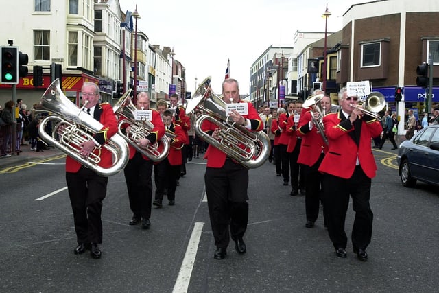 The North Fylde brass band march at the St George's day scout parade on Talbot Road, 2003