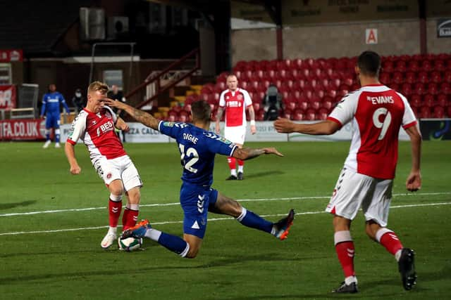 Mark Duffy scores for Fleetwood Town against Everton in September 2020