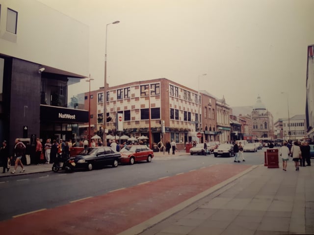 This scene looks down Corporation Street towards the Grand Theatre. The entrance to Birley Street is on the left. This was possibly mid-90s. Note the queue to the cash machine at the Nat West