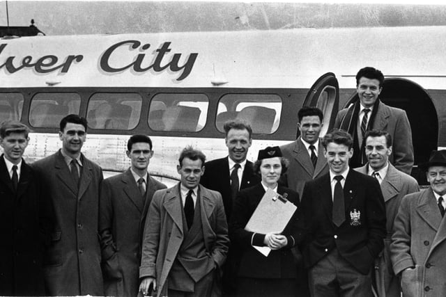 Travelling in style - players and officials of Blackpool Football Club leave Squires Gate airport by a Silver City airliner in 1957