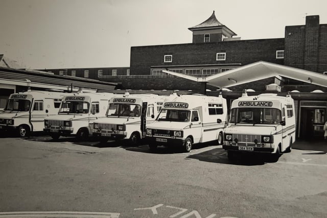 A fleet of ambulances lined up and ready to respond in 1991