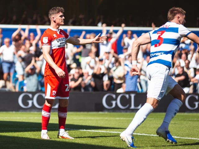 Middlesbrough's Darragh Lenihan protests against Queens Park Rangers second goal during the Sky Bet Championship match at Loftus Road, London. Picture date: Saturday August 6, 2022. PA Photo. See PA story SOCCER QPR. Photo credit should read: Rhianna Chadwick/PA Wire.