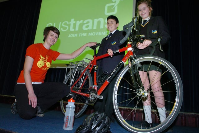Blackpool Council in conjunction with Sustrans took their Bike It scheme to local schools. Bike It Officer Emma Peasland with Bispham High School pupils Josh Hill and Sarah Golder during the information assembly