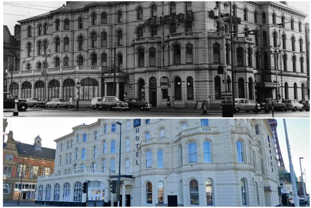 The Clifton Hotel, as it was, in Talbot Square during the 1950s and how it looks today as Forshaw's Hotel. The original hotel on the site was one of four of the oldest inns in Blackpool dating from the 1780s. When the Clifton Arms Hotel was built around 1865, it was entered through the original Forshaw’s building from the seafront