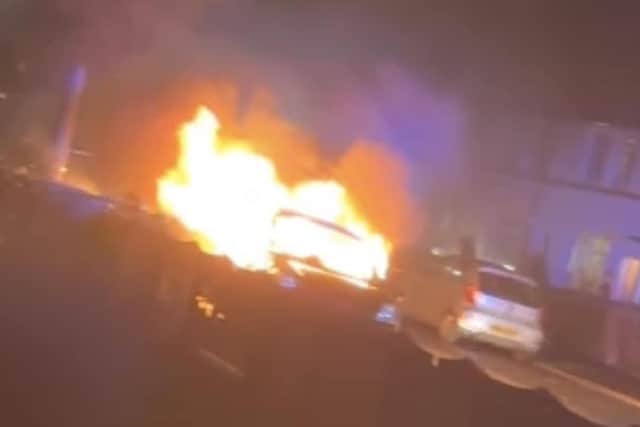 An armed gang of around 20 males were seen marching through the streets of Fleetwood wearing face coverings. They are believed to be responsible for a car which was torched in Southfleet Avenue