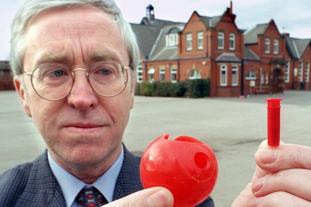 Waterloo Primary School Headteacher Peter Rawcliffe shows the hooter from a Red Nose - there were concerns over safety