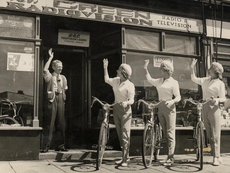 The 1953 opening of Maurice Green 's shop in Ansdell Road Blackpool - the Beverley Sisters pose with bicycles from the shop which also sold radios and televisions