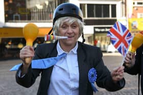 Dancing Boris Johnson outside Blackpool Winter Gardens in St John's Square