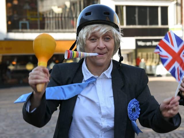 Dancing Boris Johnson outside Blackpool Winter Gardens in St John's Square