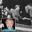 Jean Gough, pictured bottom left, and her father Stanley Matthews receiving his winner's medal from The Queen